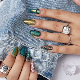 10PCS Bohemian Style French Long False Nail Handmade Fake Nails Detachable Reusable Press on Nails Sticker Customised Version 240104