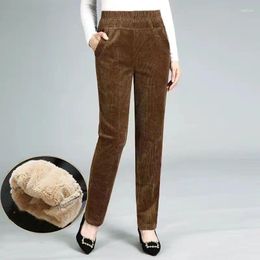 Women's Pants Corduroy Waisted Autumn And Winter Patchwork Pockets With Bundled Velvet Solid Color Casual Loose Straight Leg