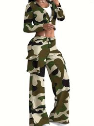 Women's Two Piece Pants Autumn And Winter Fashion Camouflage Print Casual V-neck Long Sleeved Sexy Short Top Woman Pocket 2-piece Set XXL