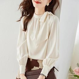 Women's Blouses Satin Shirts Loose Solid Casual Spring/Summer Ladies Clothing Fashion Long Sleeves Bow O-neck Tops YCMYUNYAN