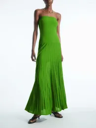 Casual Dresses Women Green Strapless Midi Dress Pleated Off-shoulder Backless Female Fashion Robes Summer 2024