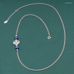 Pendants 925 Sterling Silver Auspicious Character Lucky Lock Chain Necklace Women Vintage Ethnic Lapis Lazuli Round Bead Choker XL084