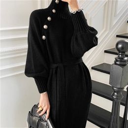 Turtleneck Buttons Lace-up Autumn Winter Elegant Dresses for Women Robe Sweater Maxi Dress Female Thick Knitted Dress 240103