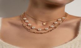 Pendant Necklaces Fashion Elegant Imitation Pearl Lock Necklace for Women Vintage Punk Thick Chain Clavicle Colar Jewellery Gift8422203