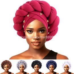 African Women Auto Gele Headtie Aso Oke Nigerian Big Braids Beaded Bonnet Hat Muslim Hijab Turban Wedding Party Headwear Cap New