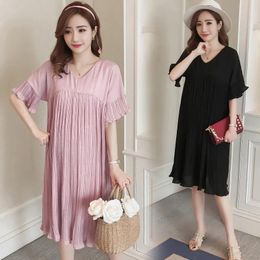 Dresses V Neck Ruffle Sleeve Pleated Chiffon Maternity Dress Summer Korean Fashion Straight Clothes for Pregnant Women Pregnancy