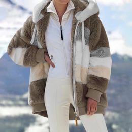 Women Fleece Hooded Coat Jacket 2023 Fashion Faux Fur Zip Up Outwear Elegant Warm Thick Plush Winter Jackets Female Clothes 240103