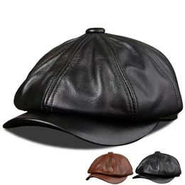 Mens Genuine Leather Warm Octagonal Cap Casual Vintage sboy Golf Driving Flat Cabbie Hat Winter Male Artist Gatsby 240103