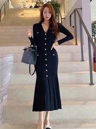 Casual Dresses Arrival Comfortable Work Style Solid Trumpet Dress High Quality Slim Long Single Breasted Knit Elastic Basic Mermaid