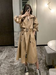 Lapel Women Trench Coat Topcoat Double-breasted Casual Coat Pure Color Autumn Winter Overgarment Waistband Windbreak Jacket 240104