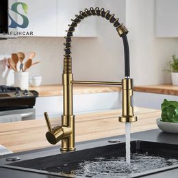 Brushed Gold Kitchen Sink Faucet Spring Pull-down Cold Mixer Faucet Deck Installation Faucet 240103