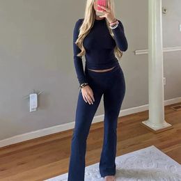 Capris Women s Pants s Sexy Yoga Flare Crop Top Set Autumn Casual Slim Fit 2 Suit Fitting Wide Leg Pant Female Vintage Cotton Lounge 2312