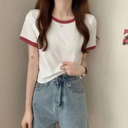 Women's T Shirts Contrast Round Neck Short Sleeved T-shirt For Summer Casual Pullover Splice Patchwork Korean Slim Fitting Top