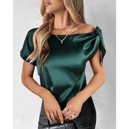 Women's Blouses Women Asymmetrical Neck Bowknot Decor Satin Top Summer T-Shirts Casual Solid Short Sleeve Tees 2024 Sexy Y2k Clothing
