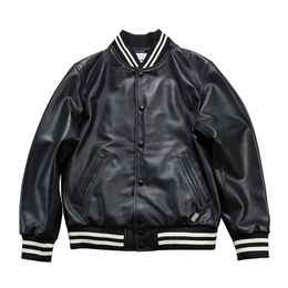 Mens Sheep genuine leather bomber jacket Casual baseball uniform coats