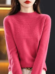 Long Sleeve Autumn Winter Women Sweater 100 Merino Wool Hollow Mock Neck Cashmere Knitted Pullover Female Clothing Basic Tops 240104