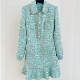 Fa-Self Portrait 2024 Early Spring Qianjin Light Luxury Green Mixed Color Sequin Thick Tweed Diamond Dress