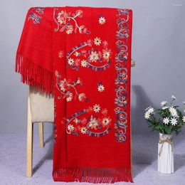 Scarves Chinese Embroidered Flower Scarf Women Autumn Winter Ethnic Style Cashmere Blend Thickened Warm Shawl Retro Tassel Poncho Cape