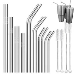 4 Size Reusable Drinking Straws Stainless Steel Long Short Metal Set with Brushes for Bar Party Kids Drinkware 240103