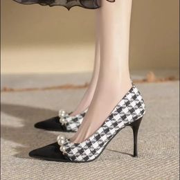 Women High Heels Dress Shoes Houndstooth Pumps Black Toe Costume Tweed Boat Pearls Designer Work 240103