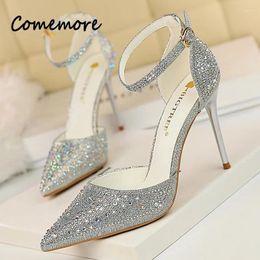 Dress Shoes Comemore Women Pumps Stiletto Sweet Wedding Shoe Luxury Woman Sandals 10cm Shiny Rhinestones Sexy High Heels Pink Ladies