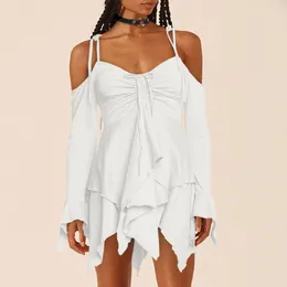 Casual Dresses Summer Beach Dress Women Elegant Bandage Ruffles Slim Maxi 2024 Sexy White Long Sleeve Evening Party Club Outfits