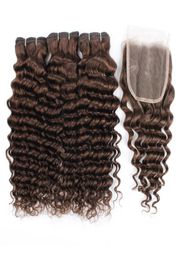 Kisshair 4 dark brown deep wave hair bundles with clousre 100 Indian human hair wefts with 4x4 lace closure9446287