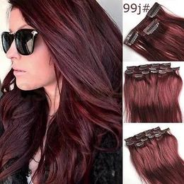 Extensions 14"26'' Virgin Remy Clip in Human Hair Extensions 80g 7Pcs Full Head Set Colour #99J Burgundy Red