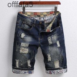 purple jeans mens pant Summer new style Personalised beggar hole stickers five point shorts men's Korean version trend scraped off denim trousers Street
