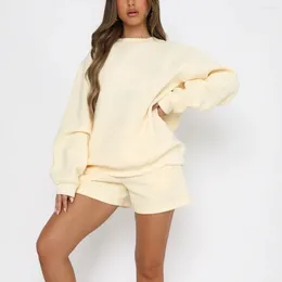 Women's Hoodies 2024 Spring And Autumn Solid Colour Loose Versatile Casual Round Neck Sweater Shorts Set