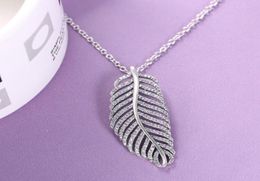 Lightweight Feather Pendant Necklace with CZ Diamond 925 Sterling Silver for Jewellery with Box Temperament Banquet Women's Necklace7516511