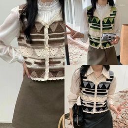 Women's Tanks Women Button Up Crop Top Vest Crochet Knit Contrast Color Waistcoat Cardigan Dropship
