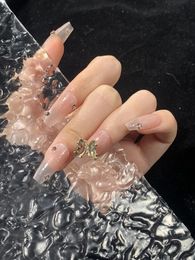 Chinese style fake nails Fake Artificia Nail pink with Shiny powder butterfly decoration handmade Removable and reusable 240104