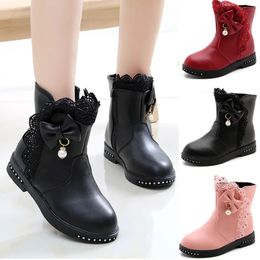 Girls Princess Boots Kids Ankle Boots Lace with Bow-knot Sweet Warm Cotton Children Rubber Boots Fur Lining Snow Boots Shoes 240103