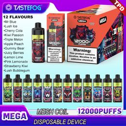 Original Tastefog Mega 12000 Puffs Puff 12k Disposable E cigarettes Features Mesh Coil 15ml Disposables Vapes Pen Mega Tastefog 12000 Refillable 650mAh RGB