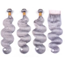 Wefts Grey Color Body Wave Human Hair Bundles with Closure Silver Grey Wavy Indian Virgin Hair Weave Bundles with Lace Front Closure 4x4
