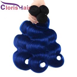 Wefts Dark Roots 1B Blue Ombre Weave Wet And Wavy Raw Indian Virgin Human Hair Bundles Body Wave Two Tone Coloured Remy Hair Extensions