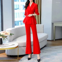 Women's Two Piece Pants Spring Women Pant Suit Double Breasted Notched Ruffle Blazer Jacket & Flare Casual Office Wear Suits Female Sets