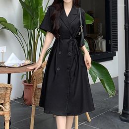 Party Dresses French Style Solid Double Breasted Bodycon Dress Women Short Sleeve Vintage Suit Office Lady Summer Black Vestidos