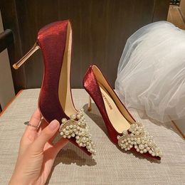 Dress Shoes 2024 Size 42 43 Women Wedding Woman Bridal Pumps Red Ladies Party Beaded Pearls Pointed Toe Shallow High Heels