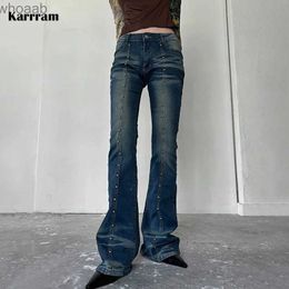 Women's Jeans Karrram Grunge High Waist Flared Jeans Vintage Stud Line Boot Cut Jeans Women Rivet Bell Bottom Denim Pants Korean Fashion Y2k YQ240104