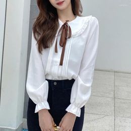 Women's Blouses Fashion Women White Chiffon Shirt Long Sleeve Elegant Vintage Woman Korean Sweet Bow Collar Tops Female Blusas 24163