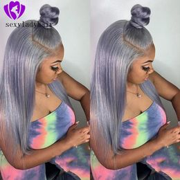 Wigs Light Blue Mix Grey Long Straight siumlation human hair wig Hand Tied Synthetic Lace Front Wig Glueless For white/black women