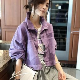 Purple Denim Coat Female Short Korean Version 2023 Spring Autumn Clothes Everything Loose Small Jacket Fat Sister Student Top 240103