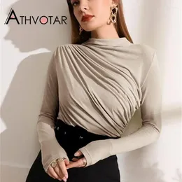 Women's T Shirts ATHVOTAR T-Shirt Women Small High Neck Design Pleated Long-Sleeved Elegant Skinny Streetwear Fashion Solid Female Tops