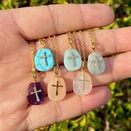 Pendant Necklaces Trendy Stainless Steel Cross Necklace Natural Stone Vintage Gold Color Chains Jewelry For Women