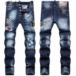 purple jeans mens pant 2024 Autumn New Street Men's Distressed Jeans Fashion Patch Slim Fit Small Feet Mid Waist Pant Trend