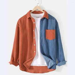 Men's Casual Shirts Corduroy For Men Colour Patchwork Single Breasted Long Sleeve Pocket Shirt Blouses Overshirt Female Clothing