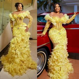 Light Yellow Aso Ebi Prom Dresses Mermaid Pleated Long Sleeves Lace Sequined Formal Dress Evening Dresses Elegant for Special Occasions Birthday Party Gowns ST744