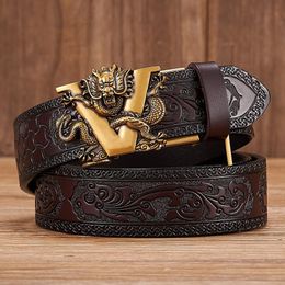 35CM V Buckle Cowskin Genuine Leather Belt Quality Alloy Automatic Print Wasitbad Strap Gift Bussiness Male Men 240103